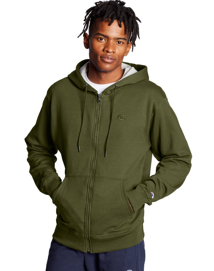 Champion Mens Hoodie NZ - Powerblend Fleece Full Zip C Logo Olive ( 6381-IFRXZ )